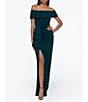 Color:Pine - Image 1 - Off-the-Shoulder Ruched Ruched Waist Scuba Crepe Thigh High Slit Gown