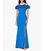 Color:Turquoise - Image 1 - Off-the-Shoulder Cap Sleeve Ruffled Thigh High Slit Crepe Gown