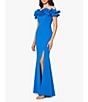 Color:Turquoise - Image 3 - Off-the-Shoulder Cap Sleeve Ruffled Thigh High Slit Crepe Gown