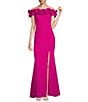 Color:New Fuchsia - Image 1 - Off-the-Shoulder Cap Sleeve Mermaid Ruffle Thigh High Slit Crepe Gown