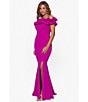 Color:New Fuchsia - Image 5 - Off-the-Shoulder Cap Sleeve Mermaid Ruffle Thigh High Slit Crepe Gown