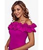 Color:New Fuchsia - Image 6 - Off-the-Shoulder Cap Sleeve Mermaid Ruffle Thigh High Slit Crepe Gown