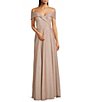 Color:Blush Silver - Image 1 - Off-the-Shoulder Short Sleeve Sweetheart Neck Thigh High Slit Pleated Glitter Gown