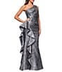 Xscape One Shoulder Metallic Jacquard Gown With Ruffle, Color:Gunmetal - Image 3