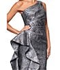 Xscape One Shoulder Metallic Jacquard Gown With Ruffle, Color:Gunmetal - Image 4