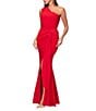 Xscape One Shoulder Neck Sleeveless Ruched Front Drape Sheath Gown, Color:Red - Image 3