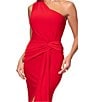 Xscape One Shoulder Neck Sleeveless Ruched Front Drape Sheath Gown, Color:Red - Image 4