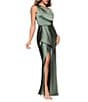 Xscape Satin Blouson Side Draping One Shoulder Sleeveless Gown, Color:Olive - Image 3