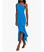 Color:Blue - Image 1 - One Shoulder Sleeveless Stretch Crepe Ruffle Asymmetrical Hemline High-Low Gown