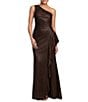 Xscape Petite Size One Shoulder Glitter Knit Cascading Ruffle Long Dress - Image 1