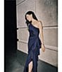 Xscape Petite Size One Shoulder Side Ruffle Scuba Crepe Gown, Color:Midnight - Image 9