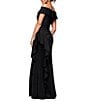 Xscape Petite Size Scuba Straight Neck Off The Shoulder Cascade Ruffle Gown, Color:Black - Image 2