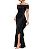 Xscape Petite Size Scuba Straight Neck Off The Shoulder Cascade Ruffle Gown - Image 1