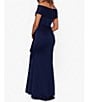 Xscape Petite Size Short Sleeve Off-The-Shoulder Sweetheart Neck Cascade Ruffle Scuba Gown, Color:Midnight - Image 2