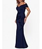 Xscape Petite Size Short Sleeve Off-The-Shoulder Sweetheart Neck Cascade Ruffle Scuba Gown, Color:Midnight - Image 3