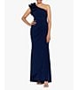 Color:Navy - Image 1 - Petite Size Sleeveless Ruffled One Shoulder Scuba Crepe Sheath Gown