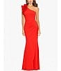 Color:Red - Image 1 - Petite Size Sleeveless Ruffled One Shoulder Scuba Crepe Sheath Gown