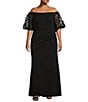 Xscape Plus Size 3D Floral Applique Scuba Crepe Off-the-Shoulder Short Puffed Sleeve Sheath Gown, Color:Black - Image 1