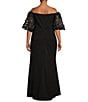 Xscape Plus Size 3D Floral Applique Scuba Crepe Off-the-Shoulder Short Puffed Sleeve Sheath Gown, Color:Black - Image 2