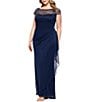 Xscape Plus Size Beaded Boat Neck Cap Sleeve Sheer Matte Jersey Gown, Color:Navy - Image 3