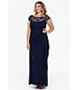 Color:Navy - Image 5 - Plus Size Beaded Cap Sleeve Illusion Crew Neck Ruched Gown