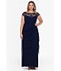 Color:Navy - Image 6 - Plus Size Beaded Cap Sleeve Illusion Crew Neck Ruched Gown
