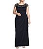 Color:Navy - Image 1 - Plus Size Beaded Cap Sleeve Illusion Crew Neck Ruched Gown