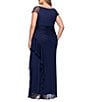 Xscape Plus Size Boat Neck Short Sleeve Mesh Beaded Yoke Gown, Color:Navy - Image 2