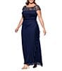 Xscape Plus Size Boat Neck Short Sleeve Mesh Beaded Yoke Gown, Color:Navy - Image 3