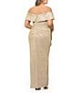 Xscape Plus Size Glitter Metallic Off-The-Shoulder Short Sleeve Gathered Ruffle Side Slit Sheath Gown - Image 2