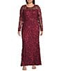 Xscape Plus Size Illusion 3D Mesh Flower Pattern Crew Neck Long Sleeves A-Line Gown, Color:Garnet - Image 1