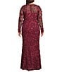 Xscape Plus Size Illusion 3D Mesh Flower Pattern Crew Neck Long Sleeves A-Line Gown, Color:Garnet - Image 2