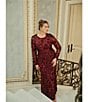 Xscape Plus Size Illusion 3D Mesh Flower Pattern Crew Neck Long Sleeves A-Line Gown, Color:Garnet - Image 4