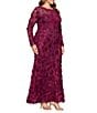 Xscape Plus Size Illusion 3D Mesh Flower Pattern Crew Neck Long Sleeves A-Line Gown - Image 3
