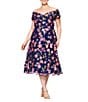 Xscape Plus Size Off-The-Shoulder Portrait Collar A-Line Dress, Color:Navy/Coral - Image 1