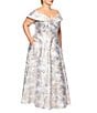 Xscape Plus Size Off-the-Shoulder Sweetheart Neck Short Sleeve Brocade Ball Gown, Color:Blue/Gold - Image 3