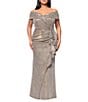 Xscape Plus Size Off-the-Shoulder Sweetheart Neck Short Sleeve Cascading Ruffle Sheath Dress, Color:Sand - Image 1
