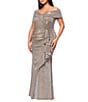 Xscape Plus Size Off-the-Shoulder Sweetheart Neck Short Sleeve Cascading Ruffle Sheath Dress, Color:Sand - Image 3