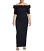 Color:Navy - Image 1 - Plus Size Ruffled Off-the-Shoulder Short Sleeve Crepe Sheath Gown