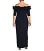 Color:Navy - Image 2 - Plus Size Ruffled Off-the-Shoulder Short Sleeve Crepe Sheath Gown