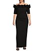 Color:Black - Image 1 - Plus Size Ruffled Off-the-Shoulder Short Sleeve Crepe Sheath Gown