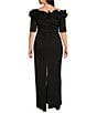 Color:Black - Image 2 - Plus Size Ruffled Off-the-Shoulder Short Sleeve Crepe Sheath Gown