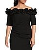 Xscape Plus Size Ruffled Off-the-Shoulder Short Sleeve Crepe Sheath Gown, Color:Black - Image 3