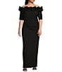 Xscape Plus Size Ruffled Off-the-Shoulder Short Sleeve Crepe Sheath Gown, Color:Black - Image 1