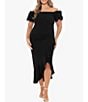 Color:Black - Image 1 - Plus Size Ruffle Short Sleeve Off-The-Shoulder Ruched Sheath Dress