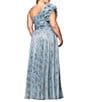 Xscape Plus Size Ruffled One Shoulder Crinkled Foil A-Line Gown, Color:Aqua/Platinum - Image 2