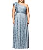 Xscape Plus Size Ruffled One Shoulder Crinkled Foil A-Line Gown, Color:Aqua/Platinum - Image 4