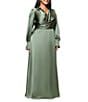 Xscape Plus Size Satin Collared Long Sleeve Faux Wrap Gown, Color:Olive - Image 3