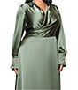 Xscape Plus Size Satin Collared Long Sleeve Faux Wrap Gown, Color:Olive - Image 4