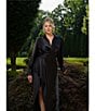 Xscape Plus Size Satin Long Sleeve Faux Wrap Gown, Color:Black - Image 9